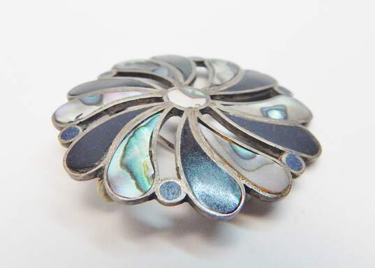 Taxco Mexico 925 Modernist Domes Bangle & Abalone & Enamel Flower Pendant Brooch image number 5
