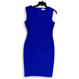 Womens Blue Sunburst Sleeveless Round Neck Back Zip Short Sheath Dress Sz 4