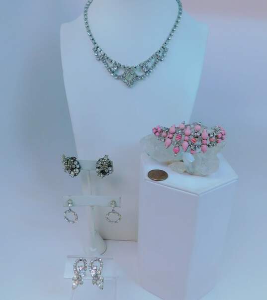 Vintage Robert & Fashion Pink & Clear Icy Rhinestone Clip-On Earrings Necklace & Bracelet 71.7g image number 10