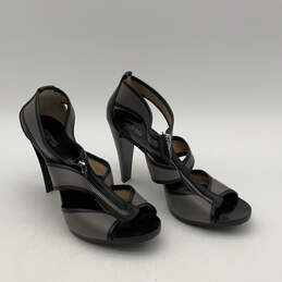 Womens Black Gray Textile Zipper Open Toe Strappy Cone Heels Size 10 M