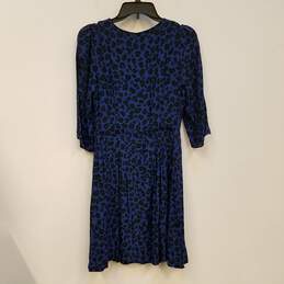 Womens Blue Black Leopard Print 3/4 Sleeve V Neck Pleated Mini Dress Sz 38 alternative image
