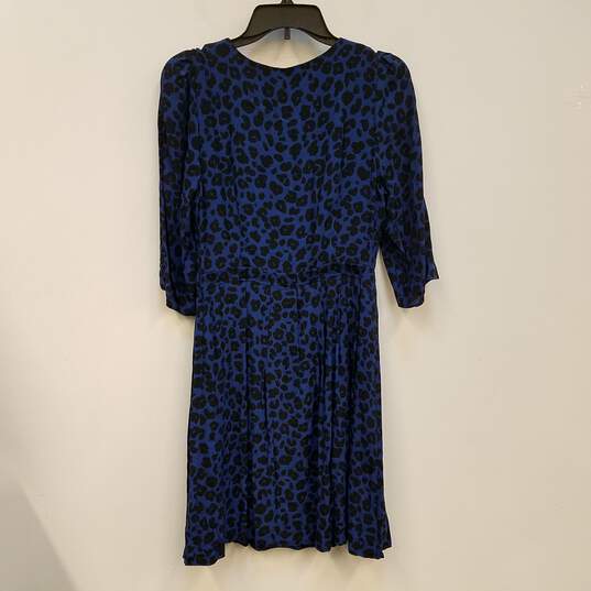 Womens Blue Black Leopard Print 3/4 Sleeve V Neck Pleated Mini Dress Sz 38 image number 2