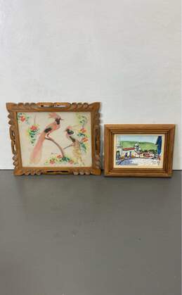 Lot of 2 Framed Art Mexican Feather Craft & Watercolor by Willy Nava Signed 1981