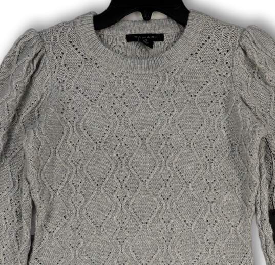 NWT Womens Gray Knitted Long Puff Sleeve Crew Neck Pullover Sweater Size XS image number 3