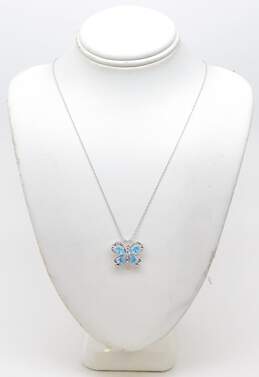 10K White Gold Blue Topaz Diamond Accent Butterfly Pendant Necklace 2.0g
