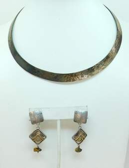 Taxco 925 Hammered Collar Necklace & Vermeil Textured Tigers Eye Drop Earrings
