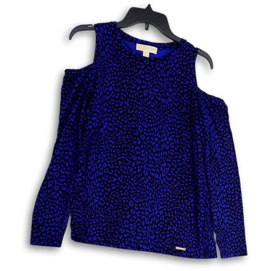 Womens Blue Black Animal Print Cold Shoulder Pullover Blouse Top Size M image number 1