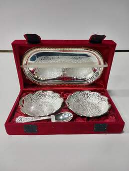 Embossed Leaf Design Silver Plated Set of 2 Bowls And 1 Spoon Plus 1 Tray In Red Velvet Case/Box