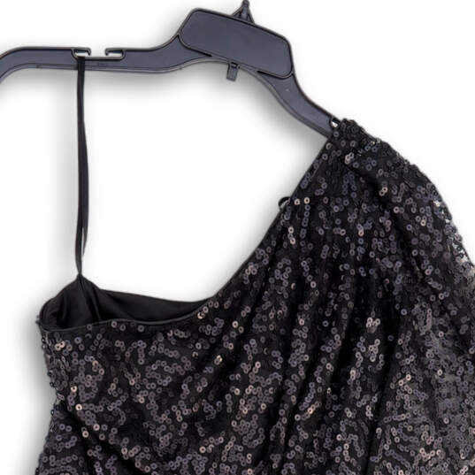 Womens Black Sequin One Shoulder Flutter Sleeve Pullover Mini Dress Size 12 image number 4