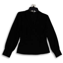 Womens Black Long Band Sleeve Surplice Neck Pullover Blouse Top Size 6