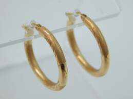 14K Yellow Gold Brushed & Etched Hoop Earrings 1.8g
