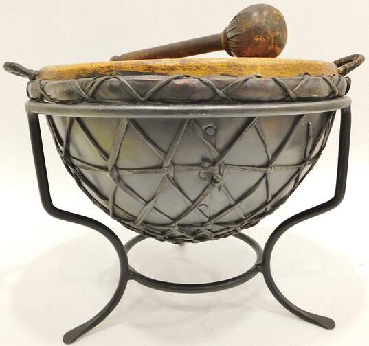 Unbranded African Metal 11.5 Inch Kettle Drum w/ Metal Stand and Mallet image number 2