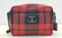 COACH Checkered Plaid Leather Turnlock Camera Crossbody Bag