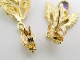 14K Gold Amethyst Marquise Accent Textured Leaves Drop Post Earrings 3.2g alternative image