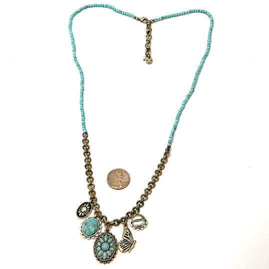 Designer Lucky Brand Gold-Tone Link Chain Turquoise Beaded Charm Necklace image number 3