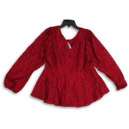 NWT Womens Red Lace Sweetheart Neck Long Sleeve Peplum Blouse Top Size 1X alternative image