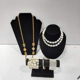 Bundle of Assorted White Beaded Costume Jewelry w/ Gold Tone Accents