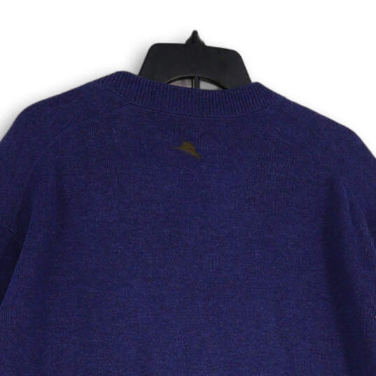 Mens Blue Cutout Neck Long Sleeve Ribbed Hem Pullover Sweater Size L/G image number 4