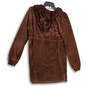 Womens Brown Velvet Long Sleeve Wrap V-Neck Hooded Mini Dress Size Small image number 2