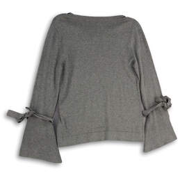 NWT Womens Gray Knitted Round Neck Tie Bell Sleeve Pullover Sweater Size S alternative image