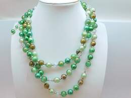 VNTG Mid Century Japan Green, Gold & Aurora Borealis Beaded Multi Strand Necklace