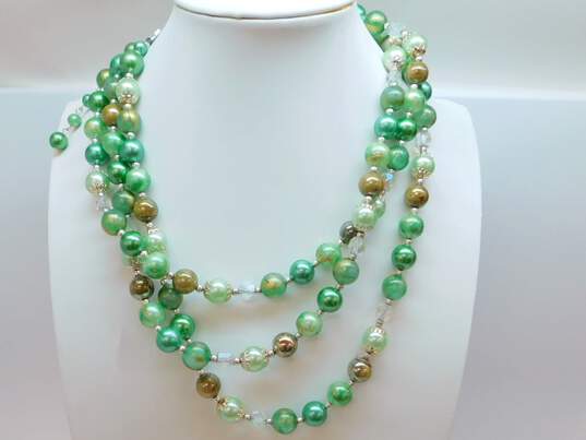 VNTG Mid Century Japan Green, Gold & Aurora Borealis Beaded Multi Strand Necklace image number 1