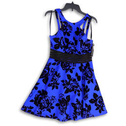 NWT Womens Blue Black Floral Velvet Back Zip Fit & Flare Dress Size 9 alternative image