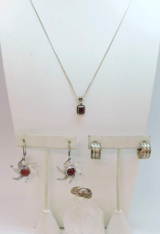 Artisan 925 Carnelian Rectangle Pendant Necklace Ridged Curved Post & Cabochon Sun Drop Earrings & Band Ring 24.4g image number 1