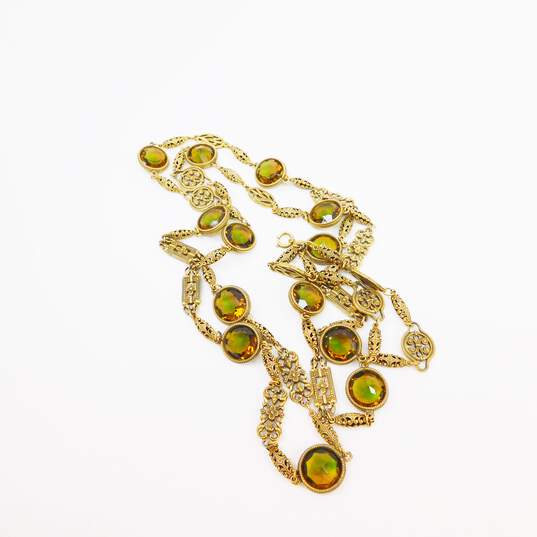 Vintage Accessocraft NYC Ornate Gold Tone & Green Rhinestone Necklace 95.2g image number 2