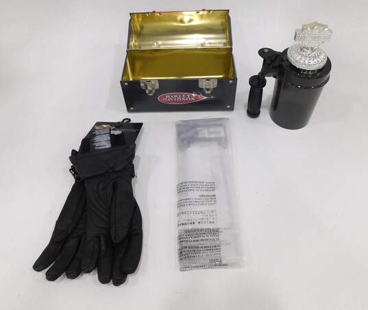 Harley Davidson Black Leather Windshielder Gloves SZ S & Armband w/ Tin & Cup image number 2