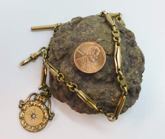 Antique Gold Filled Watch Chain With Rhinestone Accented Fob image number 4