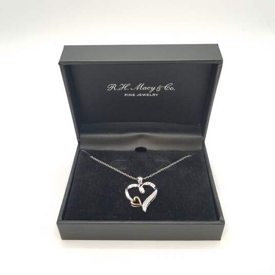 RH Macy & Co. Sterling Silver 10K Gold Diamond W/Box Open Heart 17 3/8 Pendant Necklace 2.5g image number 2