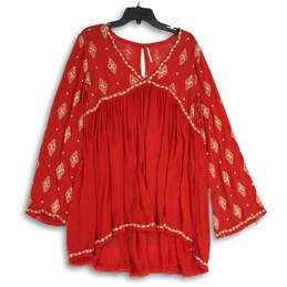 Womens Red Embroidered Oversized Boho Crepe Open Back Tunic Top Size S