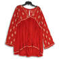 Womens Red Embroidered Oversized Boho Crepe Open Back Tunic Top Size S image number 1