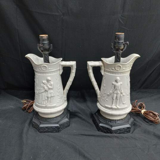 Pair of Vintage Off White Porcelain Pitcher Lamps image number 1