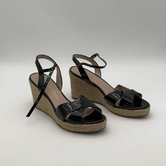 Womens Tan Black Leather Adjustable Strap Wedge Espadrille Heels Size 10.5 image number 4