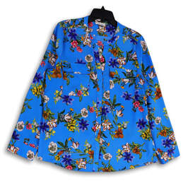 Womens Blue Floral Long Sleeve Pockets Button-Up Shirt Size Large