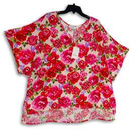 NWT Womens Multicolor Floral V-Neck Short Sleeve Side Slit Blouse Top Sz 2X