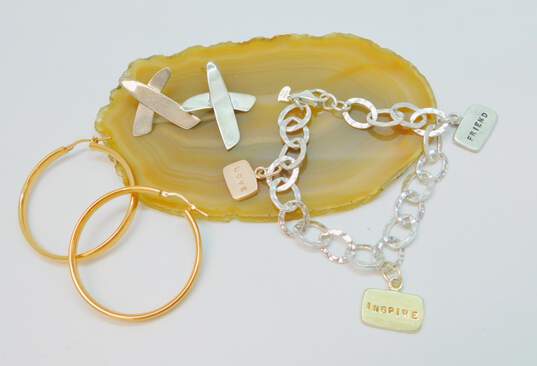 Milor & GK 925 & Vermeil Inspire Love Friend Charms Hammered Oval Linked Chain Bracelet & Hoop & X Post Earrings 28.4g image number 1