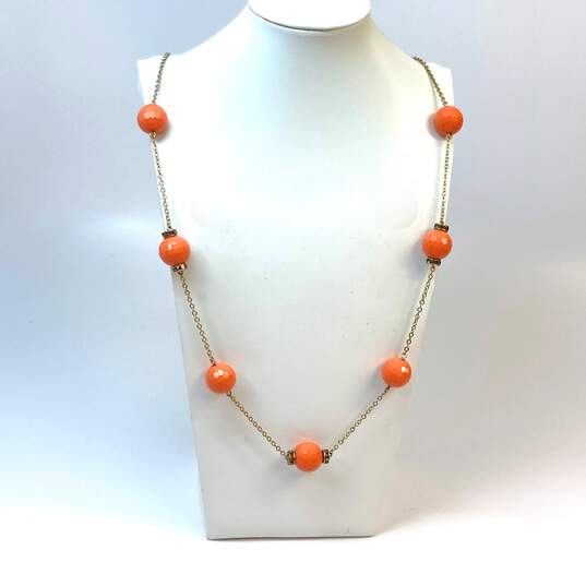 Designer J. Crew Gold-Tone Long Link Chain Stylish Orange Beaded Necklace image number 1