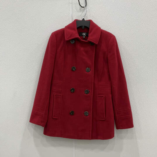 Womens Red Long Sleeve Collared Double-Breasted Pea Coat Size Small image number 1