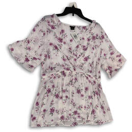 NWT Womens White Floral V-Neck Ruffle Sleeve Pullover Blouse Top Size 1