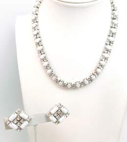 Vintage Fashion White & Clear Rhinestone Silver Tone Necklace & Weiss Clip On Earrings 43.8g