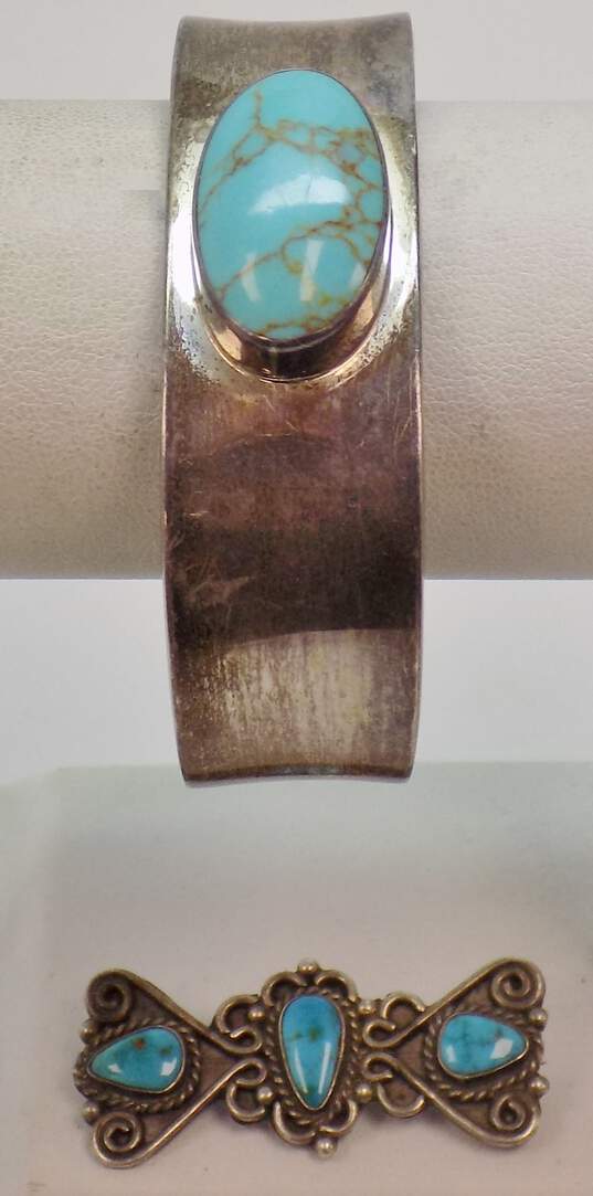 Southwestern Artisan 925 Sterling Silver Faux Turquoise Brooch & Cuff Bracelet 37.2g image number 1