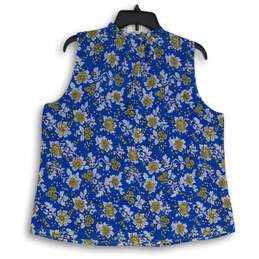 J. Crew Womens Blue Yellow Floral Tie Neck Sleeveless Pullover Blouse Top Size L alternative image