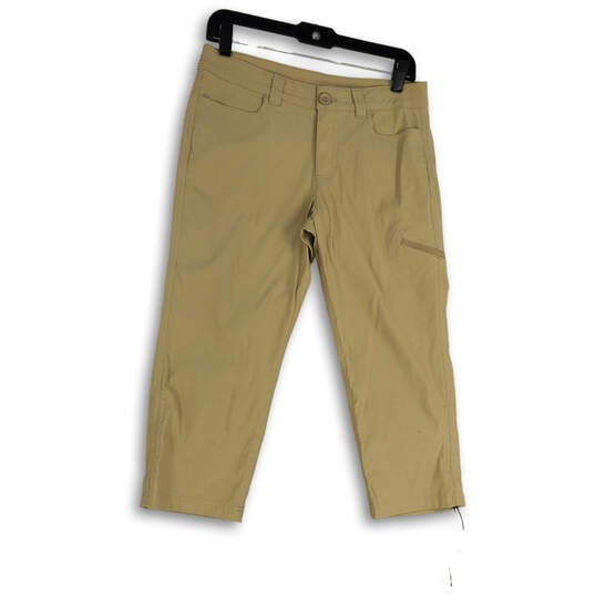 Buy the Womens Tan Flat Front Pockets Stretch Straight Leg Capri Pants Size  6