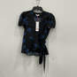 NWT Womens Black Blue Floral Short Sleeve V-Neck Wrap Blouse Top Size Small image number 1