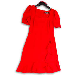 Womens Red Ruffle Square Neck Ruffle Hem Back Zip Sheath Dress Size 4
