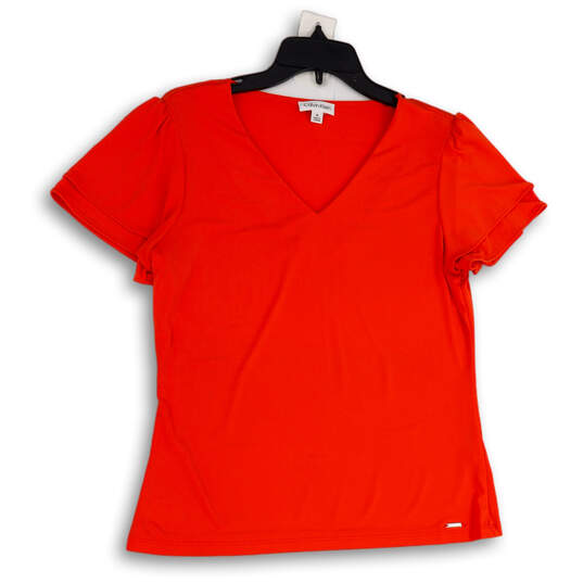 Womens Orange V-Neck Short Sleeve Regular Fit Pullover T-Shirt Size M image number 1