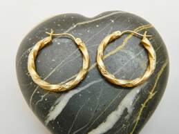 14K Gold Etched & Brushed Twisted Tube Hoop Earrings 1.8g
